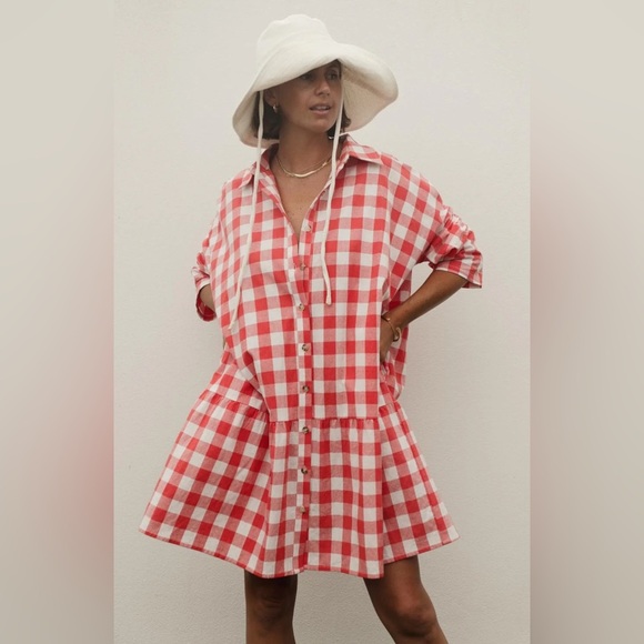 LA Boheme Girls Lifestyle Red Gingham/Plaid Oversized Button Down Dress One Size - Picture 1 of 7